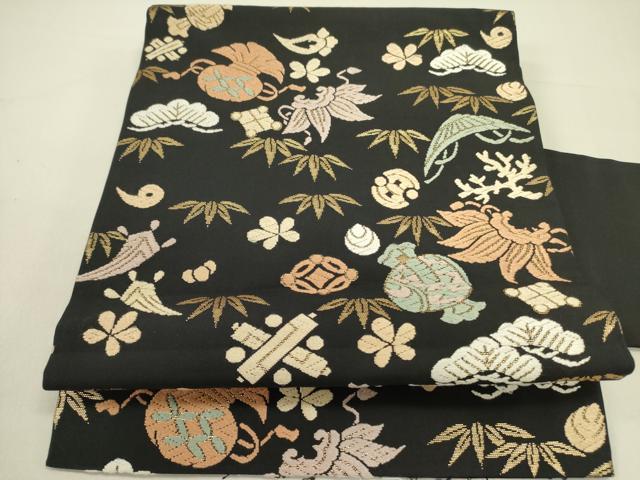 平和屋着物●九寸名古屋帯 唐織 宝尽くし花文 黒地 金糸 正絹 逸品 DABD0898op