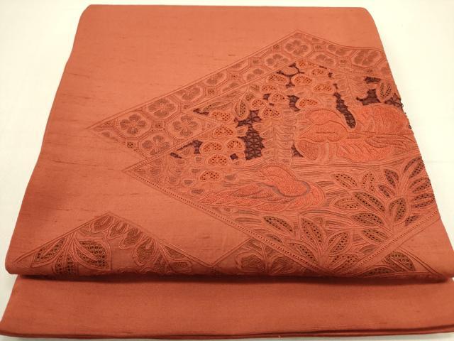 平和屋着物●中国三大刺繍 スワトウ刺繍 汕頭刺繍 相良刺繍 総刺繍 太鼓柄袋帯 紬地 鴛鴦花文 雀茶色 正絹 逸品 未使用 DABD0926op