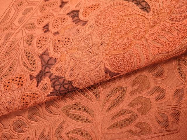 平和屋着物●中国三大刺繍 スワトウ刺繍 汕頭刺繍 相良刺繍 総刺繍 太鼓柄袋帯 紬地 鴛鴦花文 雀茶色 正絹 逸品 未使用 DABD0926op
