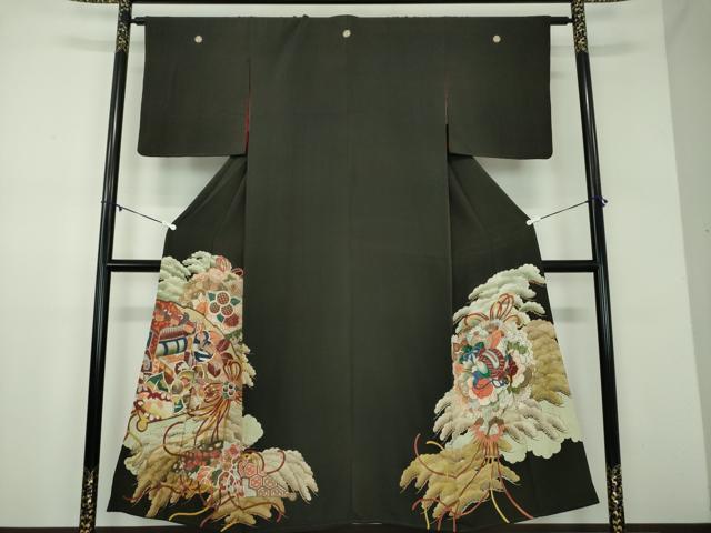 平和屋着物●アンティーク 大正ロマン 黒留袖 手描き 檜扇御所車花文 正絹 逸品 DABD1068ps