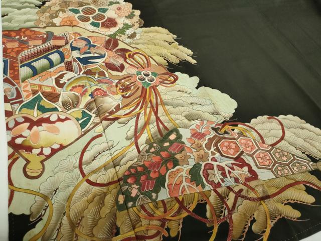 平和屋着物●アンティーク 大正ロマン 黒留袖 手描き 檜扇御所車花文 正絹 逸品 DABD1068ps