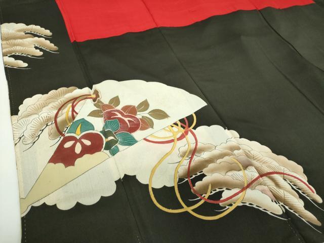 平和屋着物●アンティーク 大正ロマン 黒留袖 手描き 檜扇御所車花文 正絹 逸品 DABD1068ps