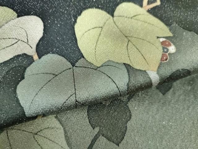 平和屋着物●つけ帯 手描き 葡萄蔦の葉文 銀通し地 正絹 逸品 未使用 DABD1087ps