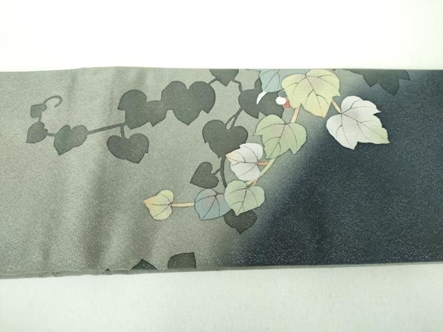 平和屋着物●つけ帯 手描き 葡萄蔦の葉文 銀通し地 正絹 逸品 未使用 DABD1087ps