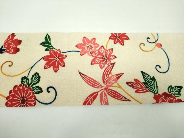 平和屋着物●九寸名古屋帯 型染 草花文 鬼しぼ縮緬 正絹 逸品 DABD1093ps