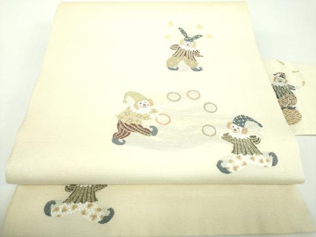 平和屋着物●九寸名古屋帯 サーカス ピエロ 金糸 鈴乃屋扱い 正絹 逸品 未使用 DABD1102ps