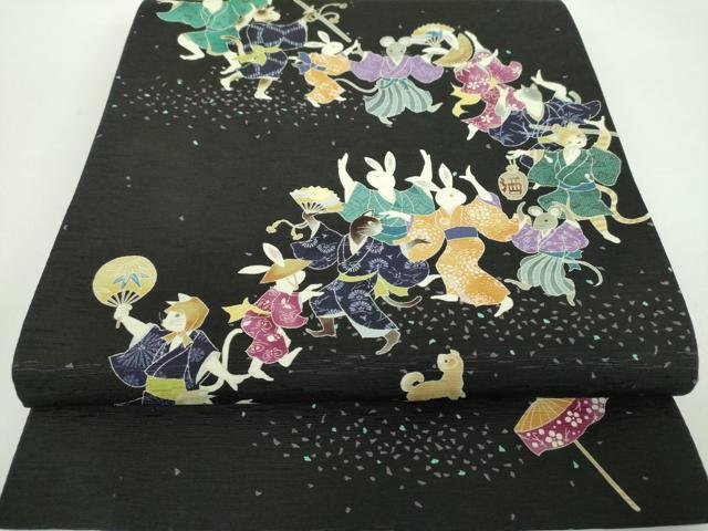 平和屋着物●全通柄 京袋帯 WAKKA ワッカ 盆踊り 兎 鼠 犬 猫 狐 黒地 正絹 逸品 DABD1163ps
