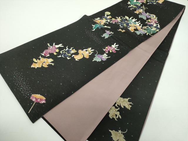 平和屋着物●全通柄 京袋帯 WAKKA ワッカ 盆踊り 兎 鼠 犬 猫 狐 黒地 正絹 逸品 DABD1163ps