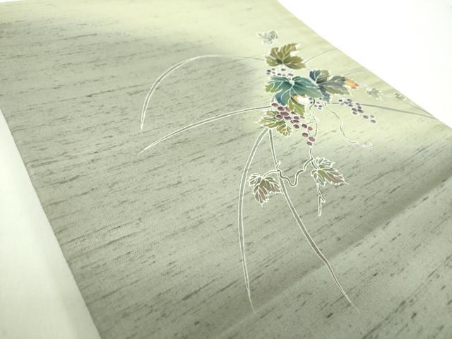 平和屋着物●九寸開き名古屋帯 白山紬地 友禅 作家物 葡萄蔦の葉文 正絹 逸品 未使用 DABD1180ps