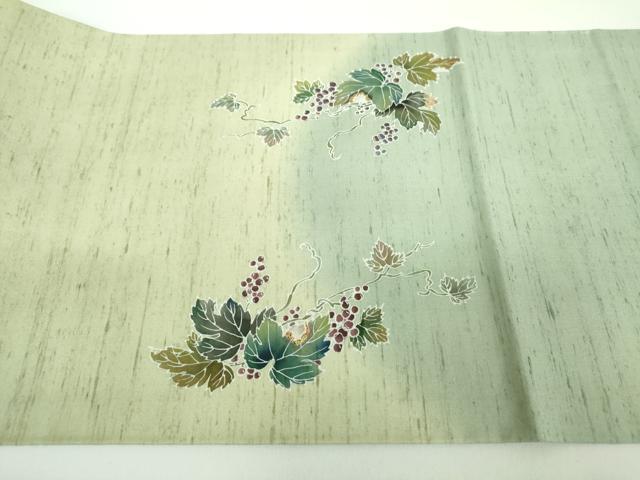 平和屋着物●九寸開き名古屋帯 白山紬地 友禅 作家物 葡萄蔦の葉文 正絹 逸品 未使用 DABD1180ps