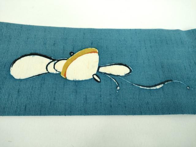 平和屋着物●九寸名古屋帯 紬地 作家物 型染 松竹梅 正絹 逸品 未使用 DABD1183ps