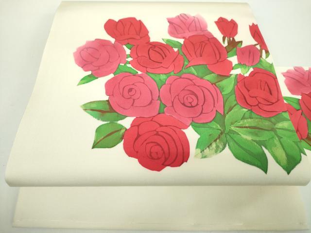 平和屋着物●塩瀬 九寸名古屋帯 作家物 ろうけつ染め 薔薇 正絹 逸品 未使用 DABD1184ps