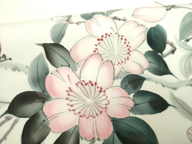 平和屋着物●塩瀬 九寸名古屋帯 作家物 手描き 雀 枝花文 正絹 逸品 DABD1185ps