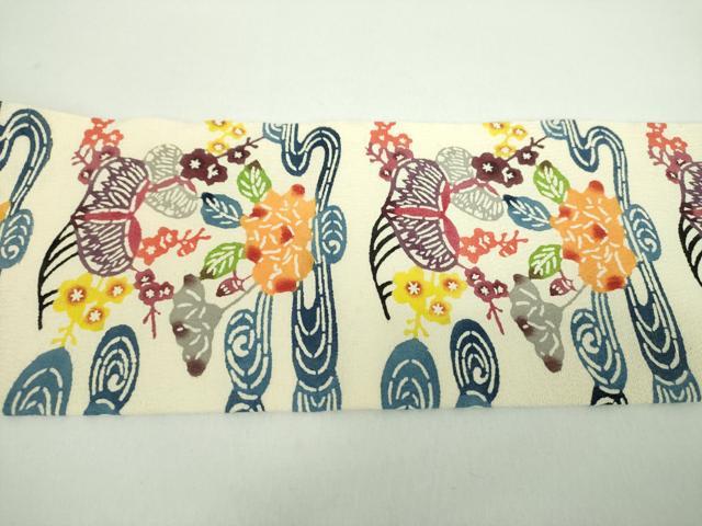 平和屋着物●本場琉球紅型 九寸名古屋帯 流水花文 正絹 逸品 未使用 DABD1191ps