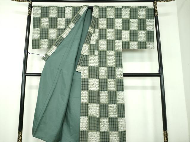 平和屋着物●男性 紬 杢目絞り 市松文様 大丸扱い 正絹 逸品 DABD1205ps
