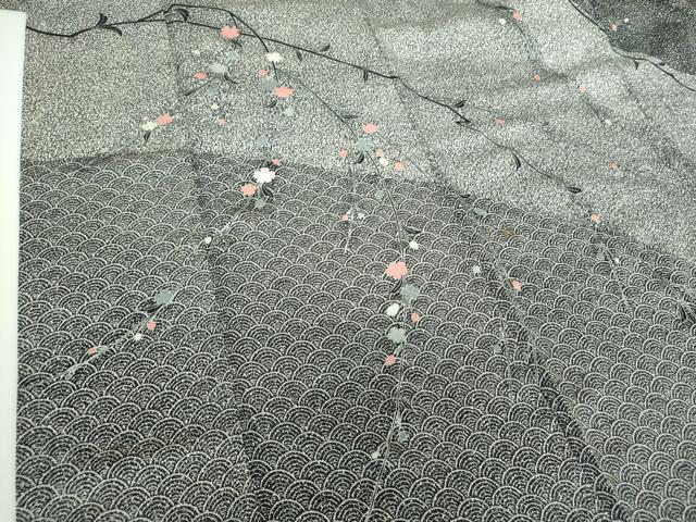 平和屋着物●訪問着 作家物 枝垂れ花 青海波 たたき染め 黒地 銀彩 正絹 逸品 DABD1244ps