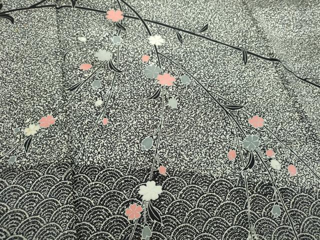 平和屋着物●訪問着 作家物 枝垂れ花 青海波 たたき染め 黒地 銀彩 正絹 逸品 DABD1244ps