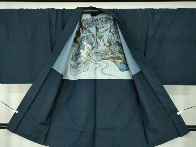 平和屋着物●男性 紬 アンサンブル キングサイズ 長羽織 濃紺地 正絹 逸品 DABD1254ps
