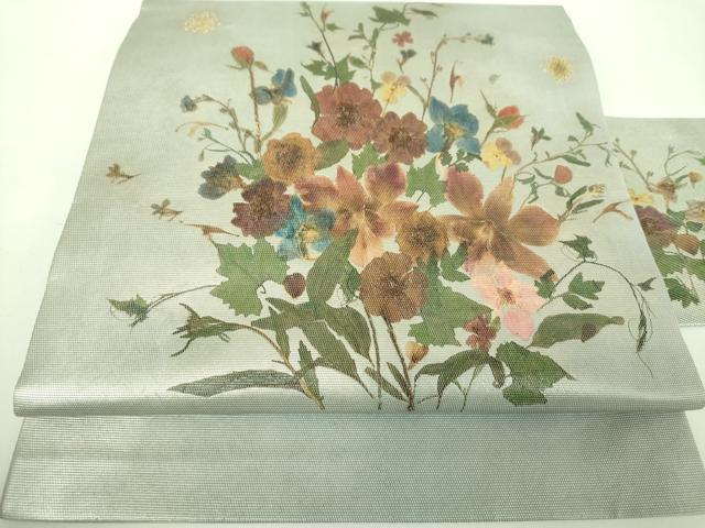 平和屋着物●九寸名古屋帯 押し花 銀彩 正絹 逸品 DABD1299ps