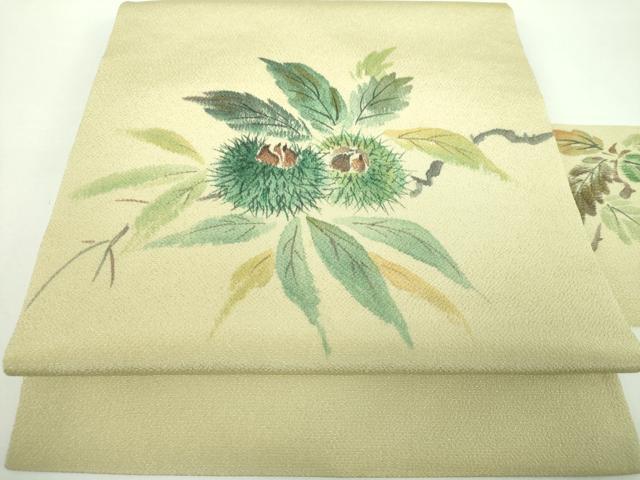 平和屋着物●九寸名古屋帯 手描き 栗 鬼しぼ縮緬 正絹 逸品 DABD1301ps