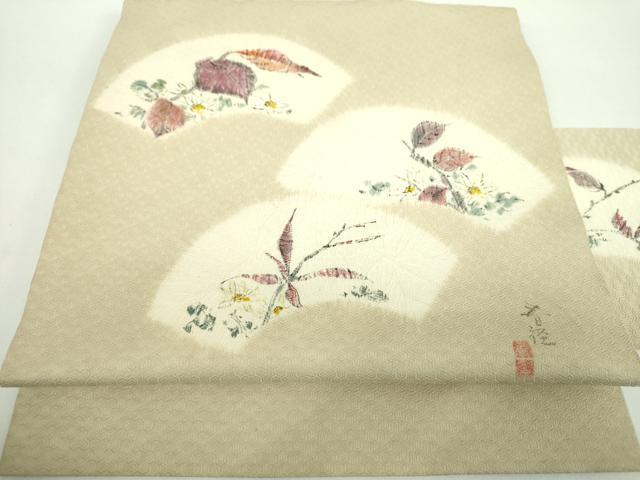 平和屋着物●九寸名古屋帯 作家物 絞り 手描き 地紙花文 正絹 逸品 DABD1329ps