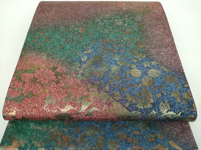 平和屋着物●全通柄袋帯 本場大島紬 麗姿 草花文 金彩 正絹 逸品 DABD1344ps