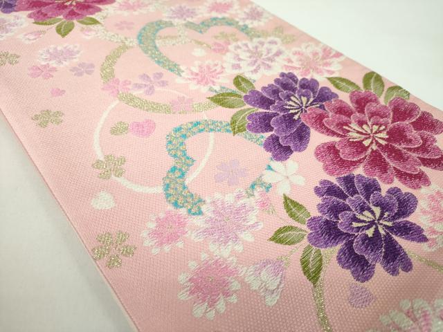 平和屋着物●両面 六通柄袋帯 舞花文 ハート ラメ糸 金糸 正絹 逸品 未使用 DABD1350ps