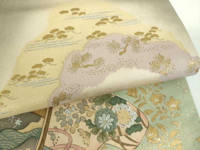平和屋着物●友禅師・京の名工・伝統工芸士・樽本伊勢蔵 太鼓柄袋帯 手描き 楽器花文 琵琶 金銀彩 正絹 逸品 DABD1361ps