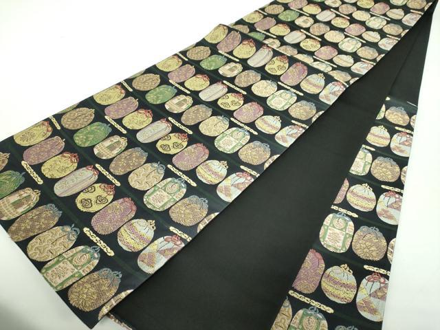 平和屋着物●六通柄袋帯 唐織 仕覆文 黒地 金糸 正絹 逸品 DABD1386ps