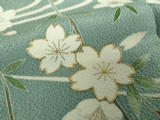 平和屋着物●訪問着 駒刺繍 流水枝垂れ桜 鬼しぼ縮緬 金彩 正絹 逸品 DABD1419ps