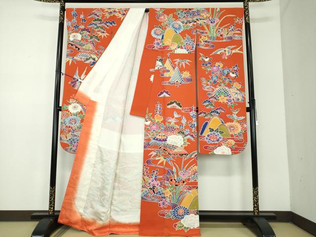 平和屋着物●豪華振袖 型染 流水花鳥風景 正絹 逸品 DABD1424ps