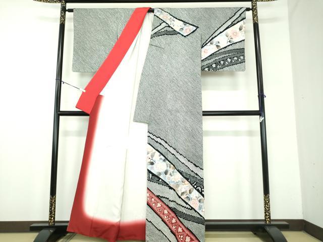 平和屋着物●中国三大刺繍 相良刺繍 訪問着 絞り 草花文 黒地 正絹 逸品 DABD1446ps