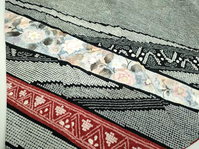 平和屋着物●中国三大刺繍 相良刺繍 訪問着 絞り 草花文 黒地 正絹 逸品 DABD1446ps