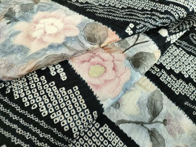 平和屋着物●中国三大刺繍 相良刺繍 訪問着 絞り 草花文 黒地 正絹 逸品 DABD1446ps