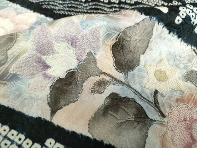 平和屋着物●中国三大刺繍 相良刺繍 訪問着 絞り 草花文 黒地 正絹 逸品 DABD1446ps
