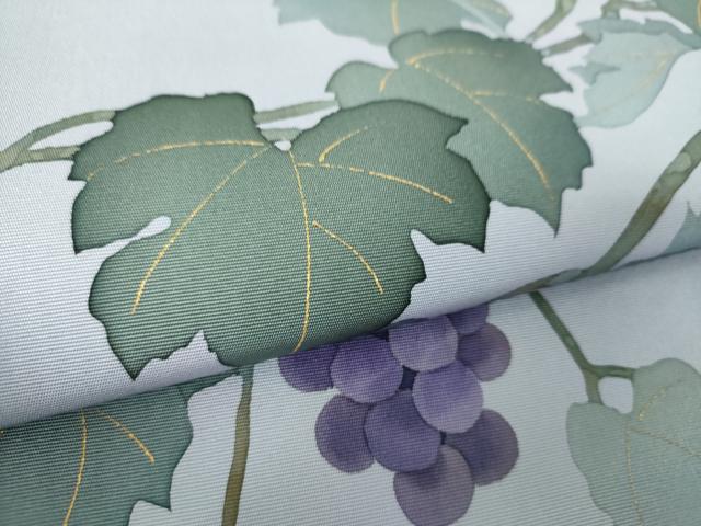 平和屋着物●塩瀬 九寸名古屋帯 手描き 葡萄蔦の葉文 金彩 正絹 逸品 DABD1449ps