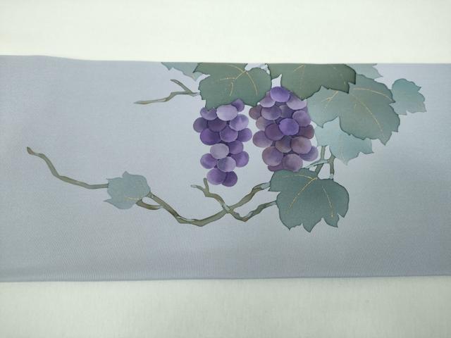平和屋着物●塩瀬 九寸名古屋帯 手描き 葡萄蔦の葉文 金彩 正絹 逸品 DABD1449ps