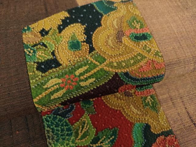 平和屋着物●中国三大刺繍 相良刺繍 九寸名古屋帯 紬地 切嵌 草花文 正絹 逸品 DABD1465ps