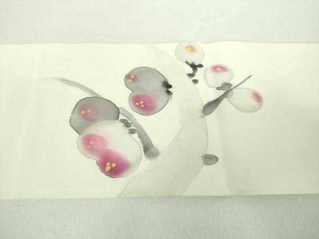 平和屋着物●塩瀬 九寸名古屋帯 手描き 槍梅 正絹 逸品 DABD1475ps