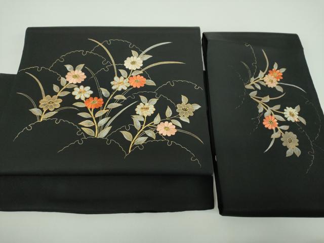 平和屋着物●中国三大刺繍 相良刺繍 塩瀬 つけ帯 駒刺繍 雪輪花文 黒地 金彩 正絹 逸品 DABD1511ps