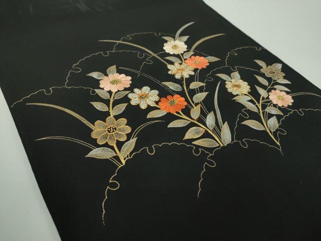 平和屋着物●中国三大刺繍 相良刺繍 塩瀬 つけ帯 駒刺繍 雪輪花文 黒地 金彩 正絹 逸品 DABD1511ps