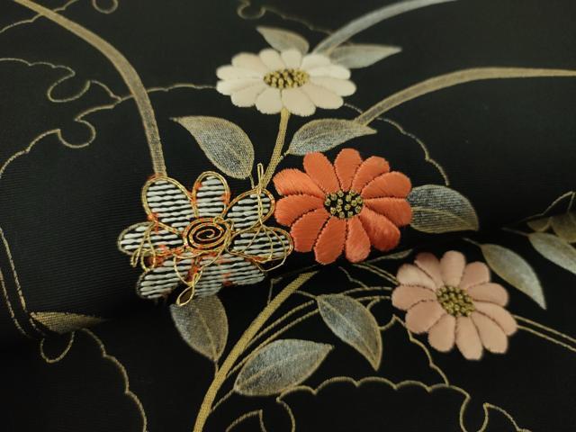 平和屋着物●中国三大刺繍 相良刺繍 塩瀬 つけ帯 駒刺繍 雪輪花文 黒地 金彩 正絹 逸品 DABD1511ps