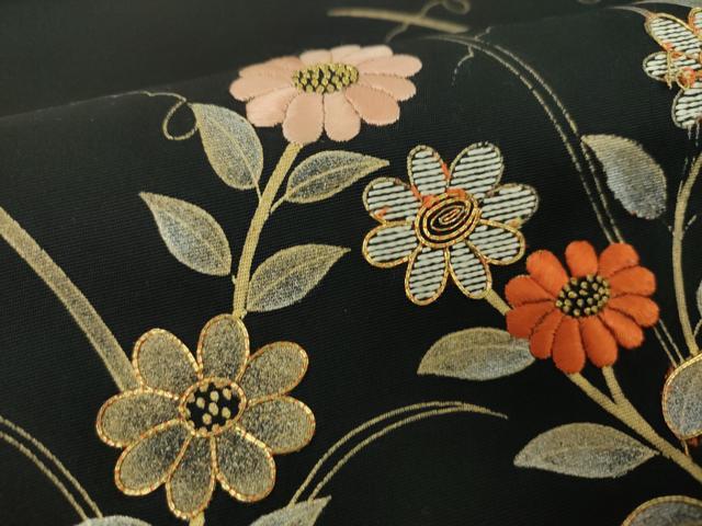 平和屋着物●中国三大刺繍 相良刺繍 塩瀬 つけ帯 駒刺繍 雪輪花文 黒地 金彩 正絹 逸品 DABD1511ps