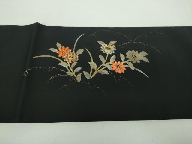 平和屋着物●中国三大刺繍 相良刺繍 塩瀬 つけ帯 駒刺繍 雪輪花文 黒地 金彩 正絹 逸品 DABD1511ps