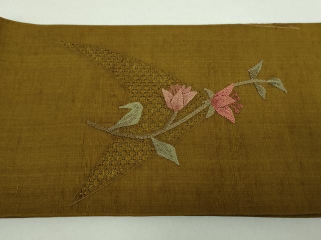 平和屋着物●中国三大刺繍 スワトウ相良刺繍 汕頭相良刺繍 総刺繍 つけ帯 紬地 枝花文 正絹 逸品 未使用 DABD1514ps