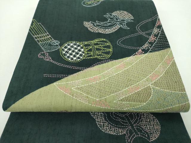 平和屋着物●袋帯 紬地 刺し子 総刺繍 楽器文 正絹 逸品 DABD1529ps