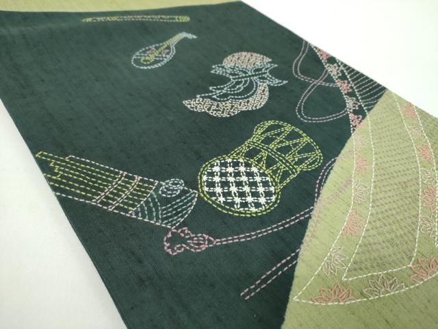 平和屋着物●袋帯 紬地 刺し子 総刺繍 楽器文 正絹 逸品 DABD1529ps