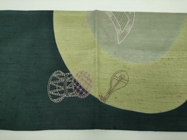 平和屋着物●袋帯 紬地 刺し子 総刺繍 楽器文 正絹 逸品 DABD1529ps