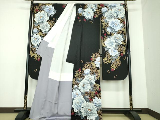平和屋着物●豪華振袖 刺繍 Luxjewel 牡丹文 黒地 金彩 正絹 逸品 DABD1622ps