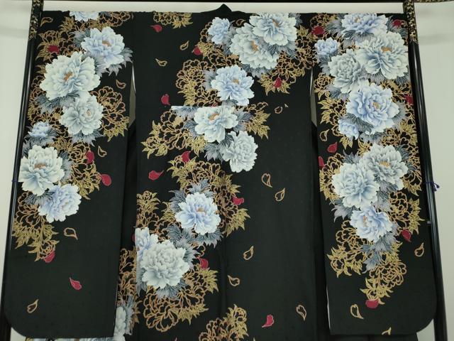 平和屋着物●豪華振袖 刺繍 Luxjewel 牡丹文 黒地 金彩 正絹 逸品 DABD1622ps